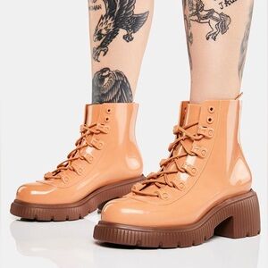 Melissa Women Cosmo Bronze/Beige Platform Festival Lace Combat Boots size 9